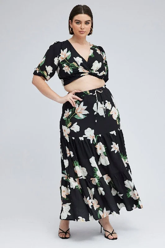 Black Floral Elastic Waist Maxi Skirt