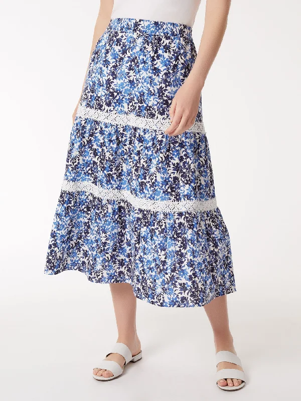 Pull-On Tiered Lace Trim Maxi Skirt