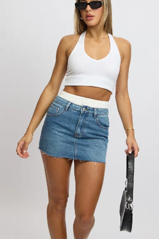 Denim Mini Skirt High Rise Underwear Waist Detail