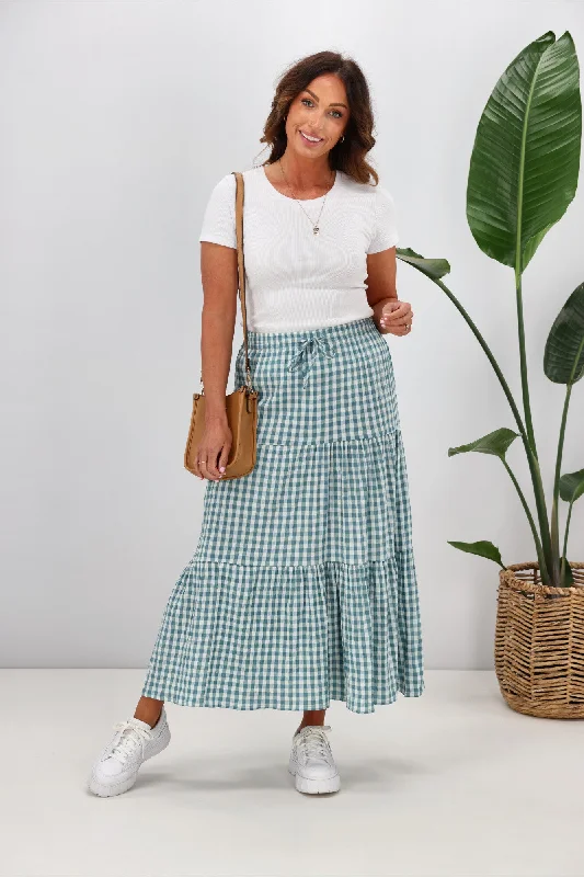 Shine On Label Vega Tiered Maxi Skirt Teal Gingham