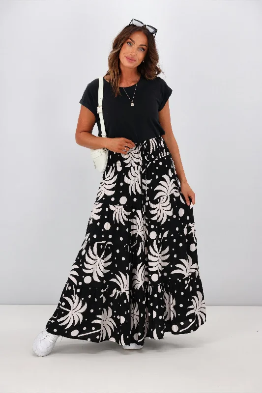 New U Collection Black Palm Tree Maxi Skirt