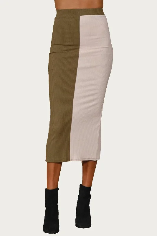 Colorblocked Ribbed-Knit Midi Skirt In Olive Ecru