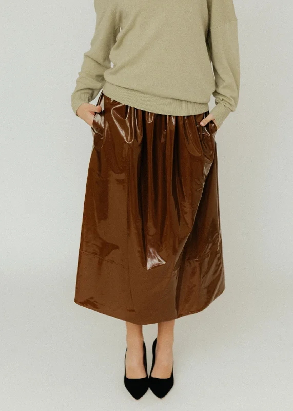 Tibi Light Weight Stretch Patent Smocking Waistband Full Skirt in Brick