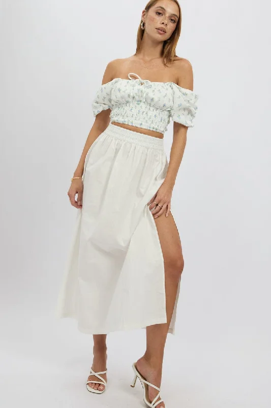 White Maxi Skirt Shirred Waist Relaxed Fit