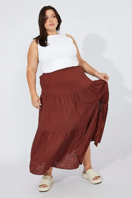 Brown Maxi Skirt Linen Blend Split