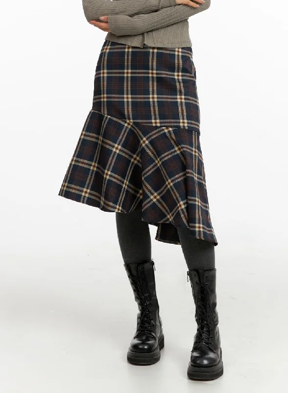 Asymmetrical Flare Check Midi Skirt CF408