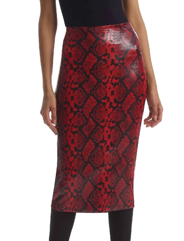 Faux Leather Animal Midi Skirt In Red Snake