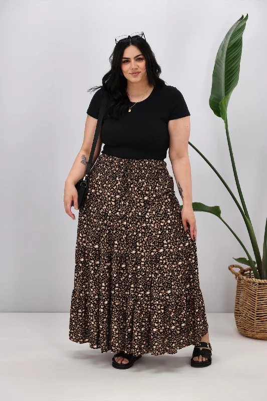 New U Collection Leopard Tan Black Maxi Skirt