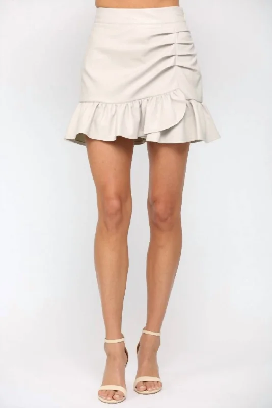 Faux Leather Ruched Mini Skirt In Ecru