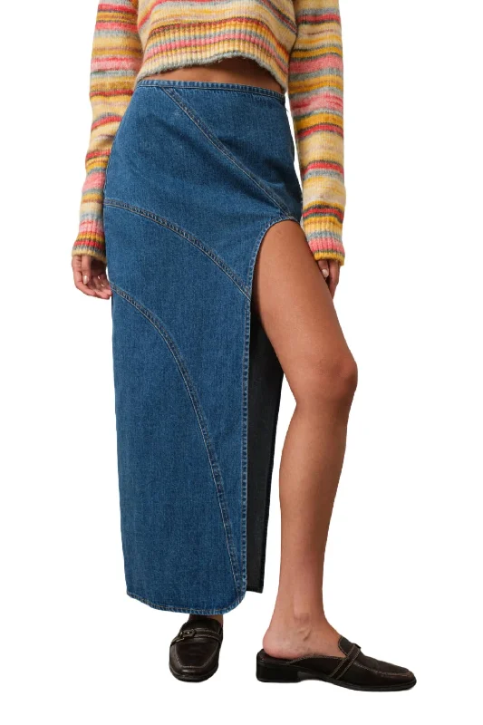 Denim Maxi Skirt With Front Slit In Blue