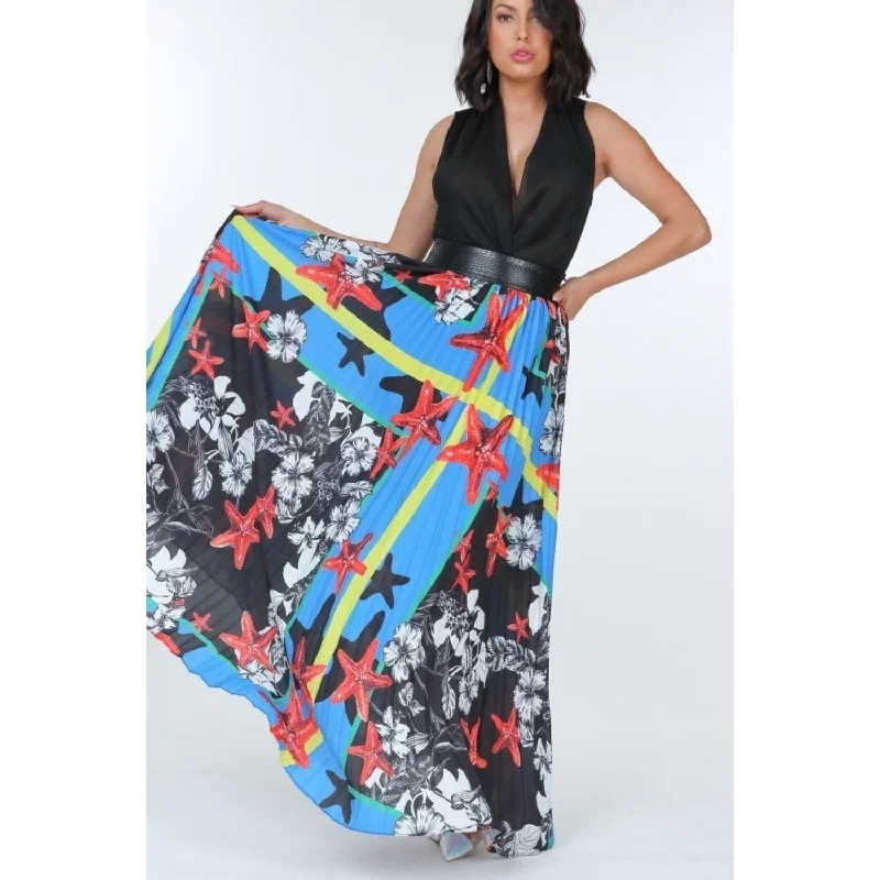 Pleated Print Maxi Skirt With Leather Waist Band