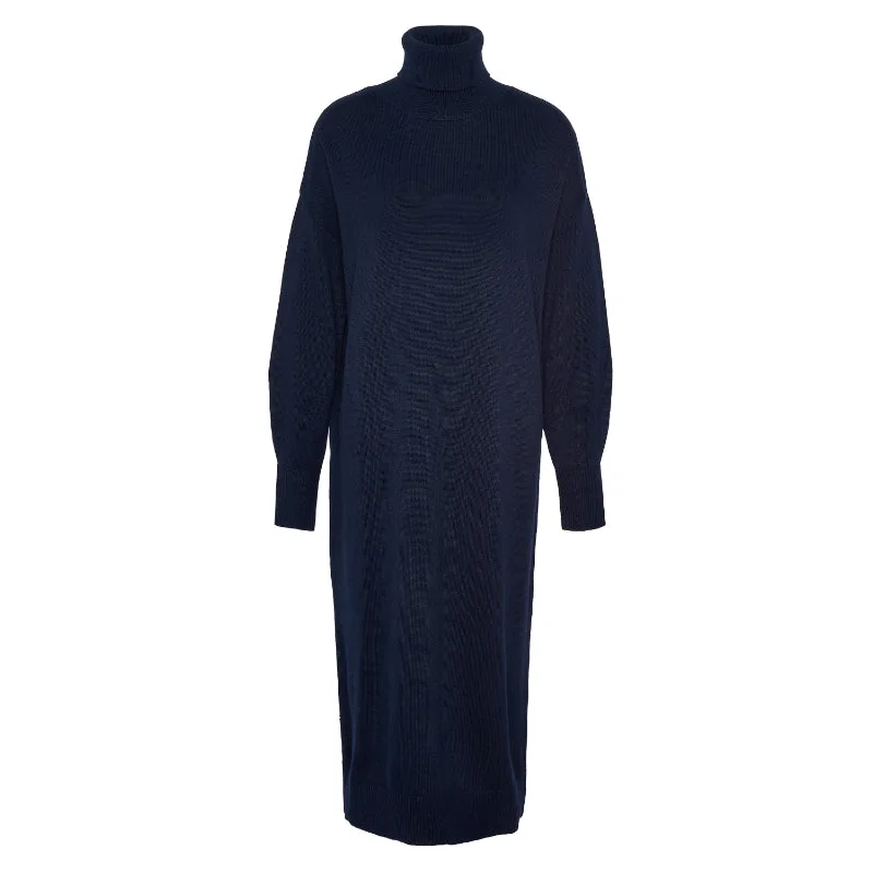 Barbour Cassandra Knitted Cotton Cashmere Ladies Roll Neck Dress - Navy