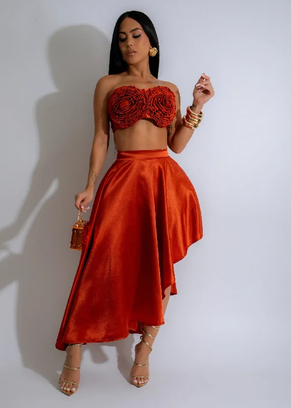 Rosette Reverie Satin Skirt Set Orange