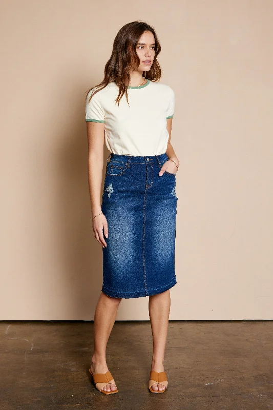 Dark denim distressed midi skirt