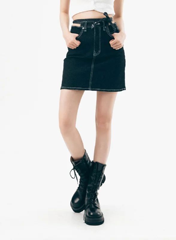 Waist Strap Denim Mini Skirt IL307