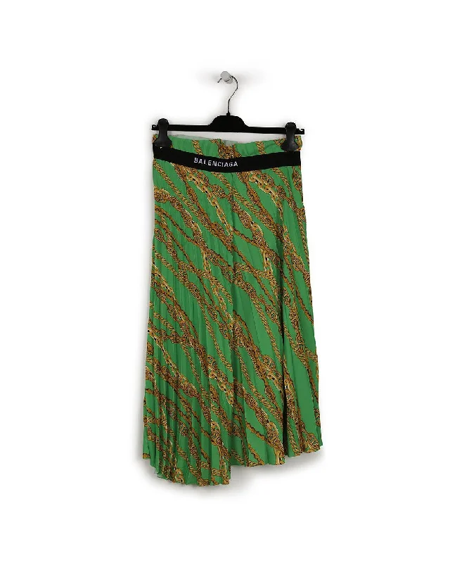 Balenciaga Green/Gold Ployester Chains Printed Pleated Midi Skirt