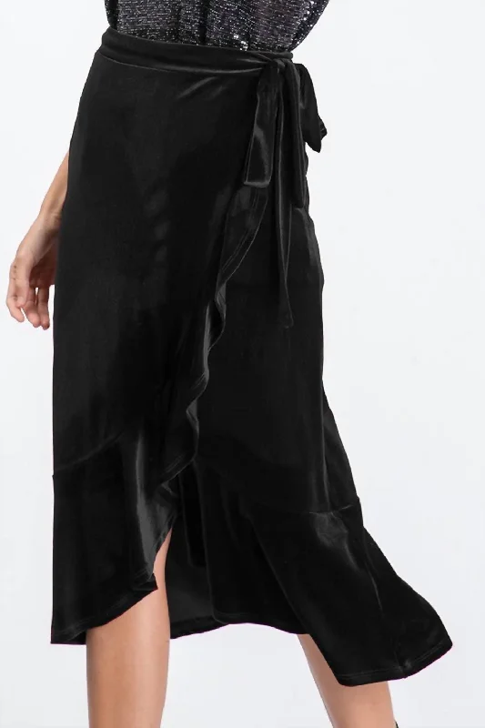 Velvet Ruffled Wrap Midi Skirt In Black