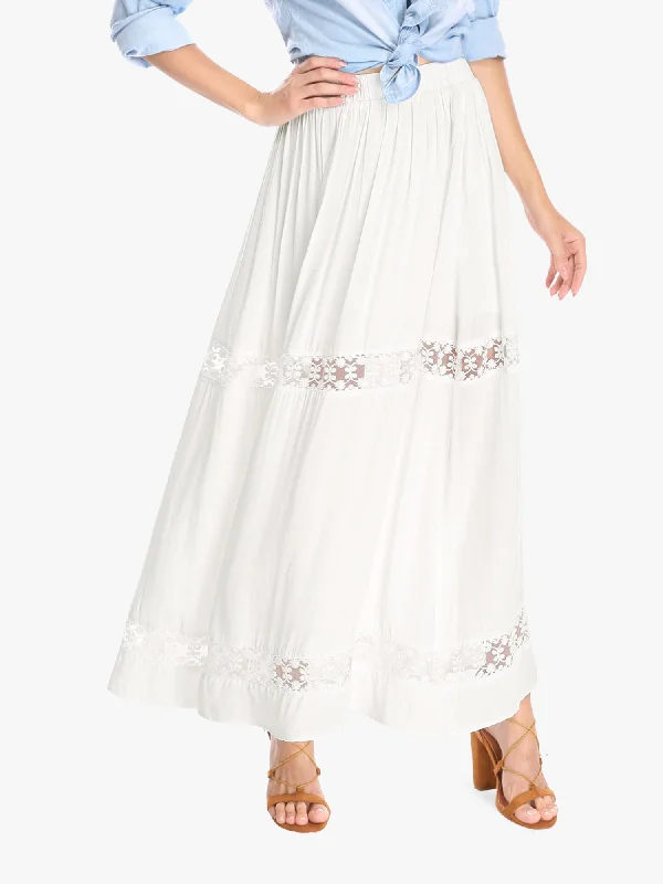 Long Elastic Waist Swing A-Line Lace Insert Maxi Skirt