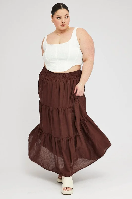 Brown Maxi Skirt Shirred Waist Tiered