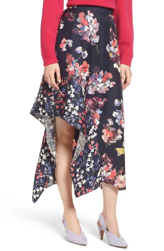 Floral Print High Low Silk Midi Skirt In Navy