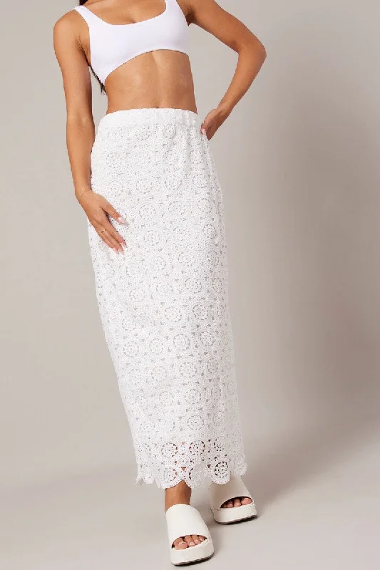 White Midi Skirt High Rise Lace