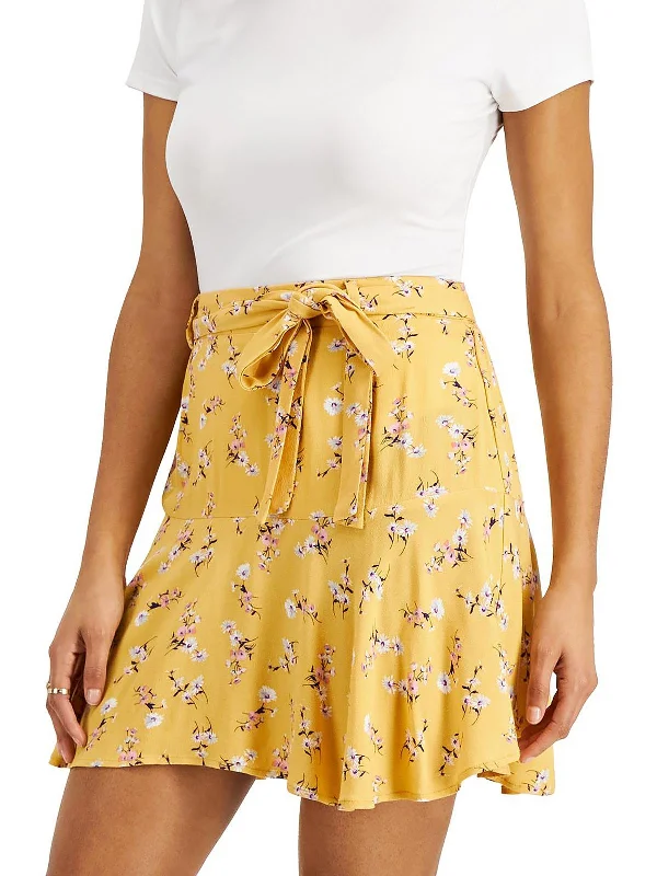 Juniors Womens Floral Tie-Front Mini Skirt