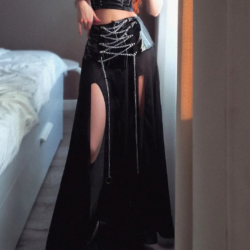 Women's Punk Side Slit Sheer Mesh Maxi Skirt