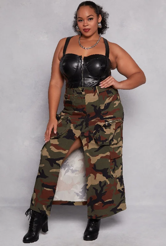 Plus Size Camo Slit Front Maxi Cargo Skirt