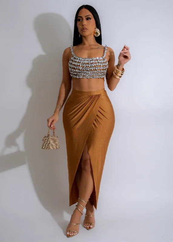 She's Shining Rhinestone  Skirt Set Gold