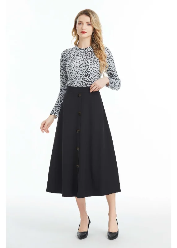 Fully Lined Black Midi Skirt with Front Button Detail