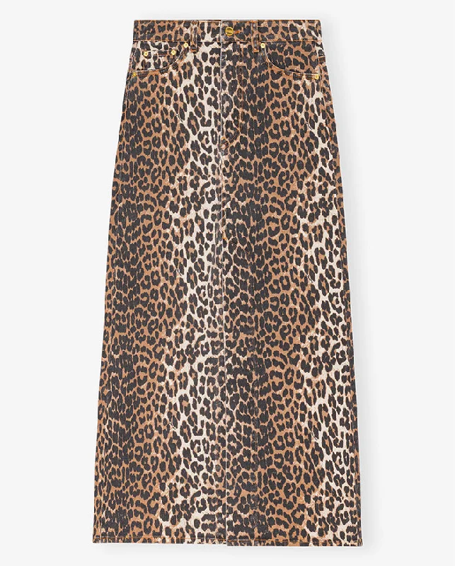 Denim Maxi Slit Skirt Leopard