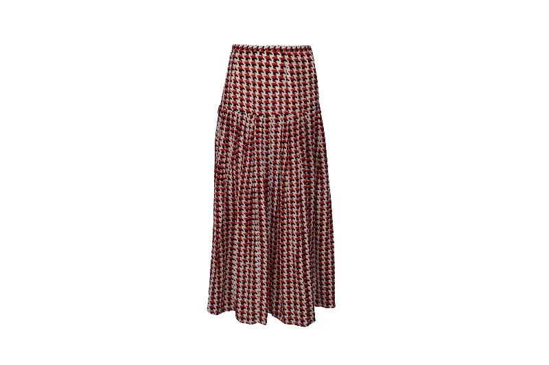 Rixo Houndstooth Pleated Maxi Skirt in Red Print Silk