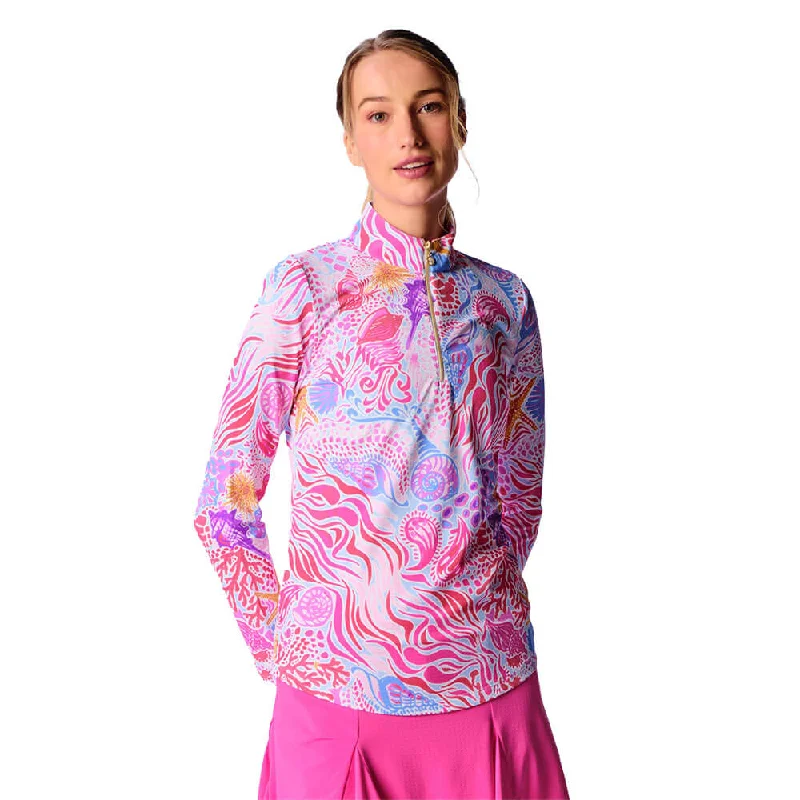 G Lifestyle Long Sleeve Print Zip Mock Neck Top - Pink Sea Wave