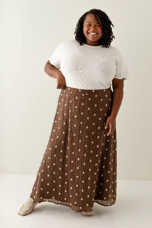 'Melissa' Embroidered Floral Maxi Skirt in Brown