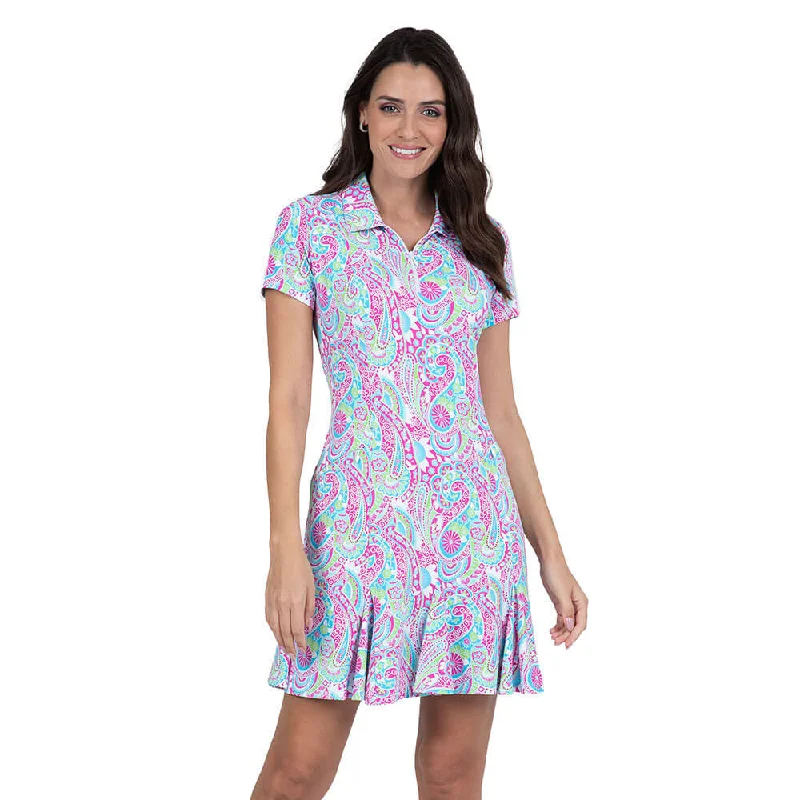 IBKUL Women's Gloria Print Short Sleeve Polo Dress - Hot Pink/Turquoise