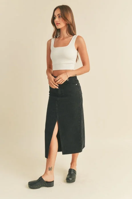 Brandy Denim Slit Skirt, Black