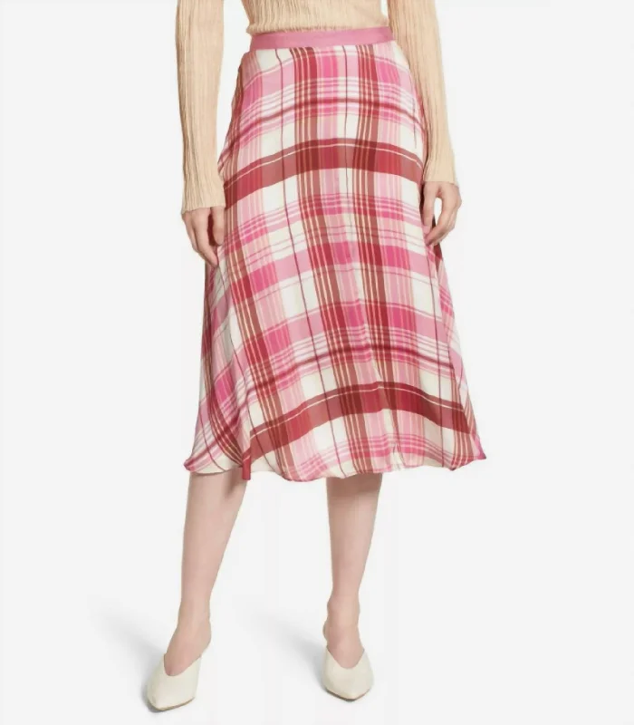 Silk Plaid Aline Slip Midi Skirt In Pink