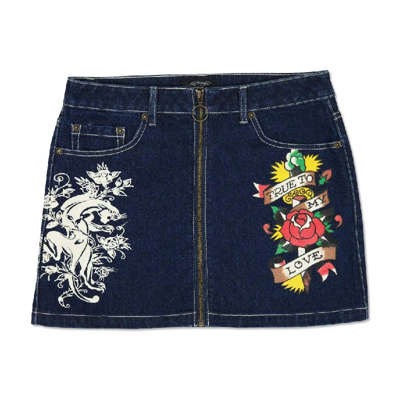 Panther Zipper Front Mini Denim Skirt