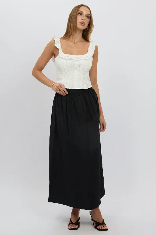 Black Maxi Skirt Shirred Waist Relaxed Fit