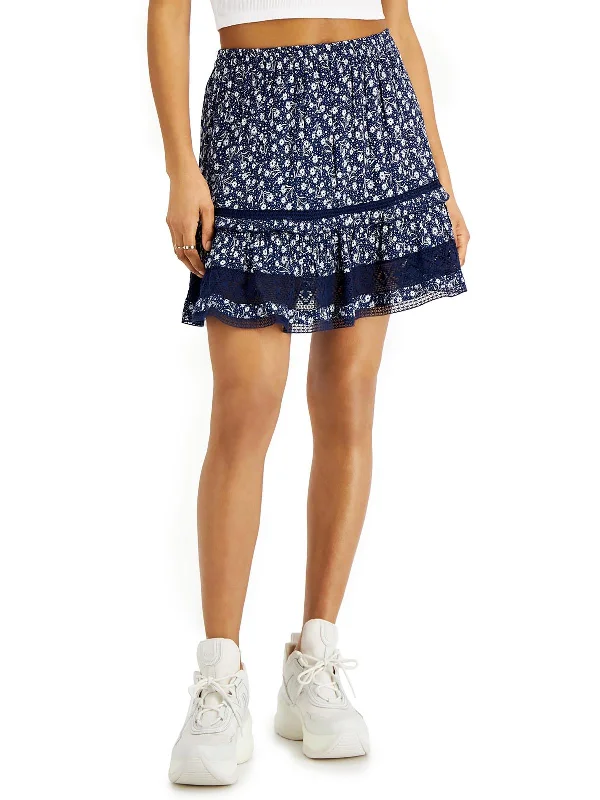 Womens Lace Trim Floral Print Mini Skirt