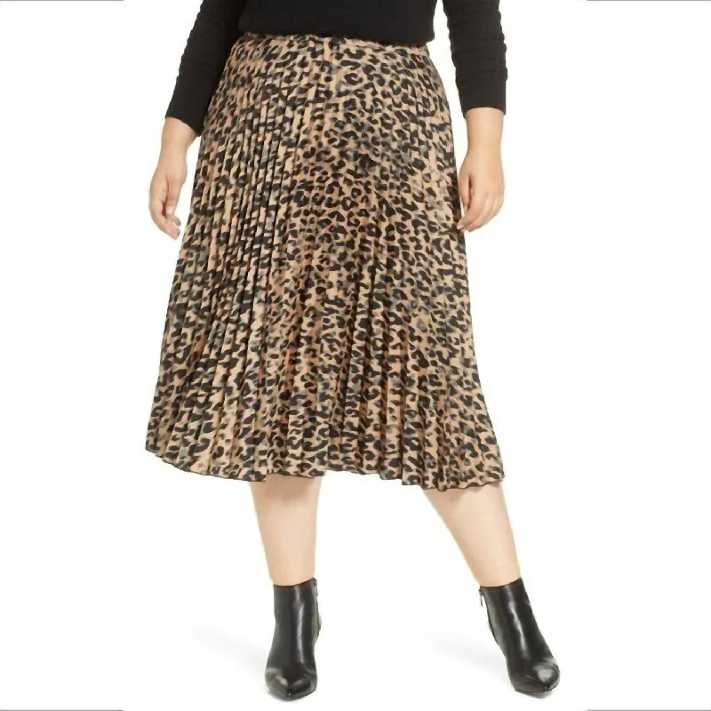 Pleated Elastic Waist Leopard Print Midi Skirt In Multicolor