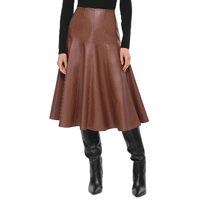 Womens Below Knee Faux Leather Midi Skirt