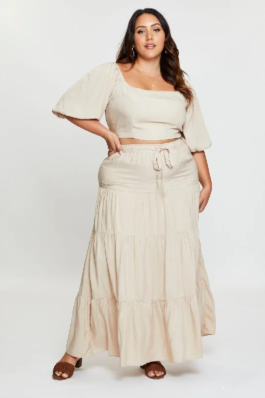 Beige High Waist Tiered Maxi Skirt