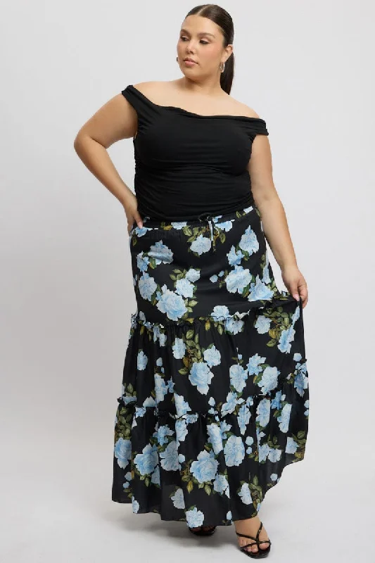 Black Floral Elastic Waist Tiered Maxiskirt