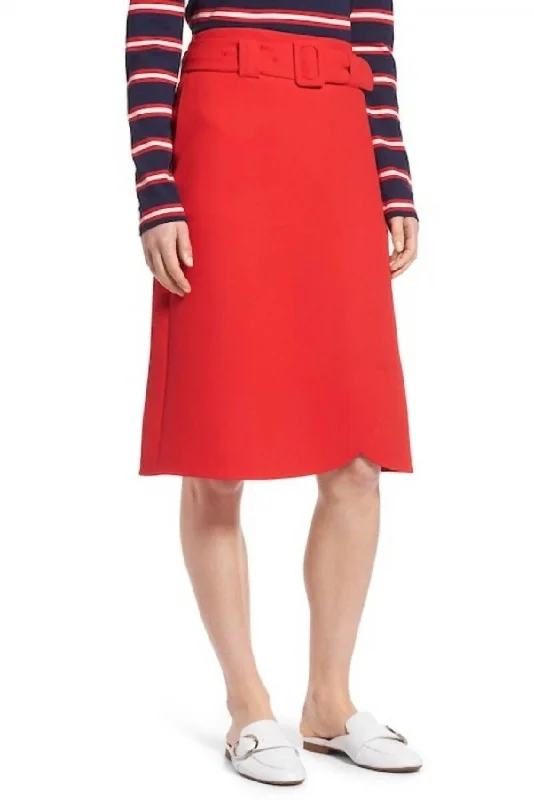 Red A Line Belted Workwear Preppy Midi Skirt