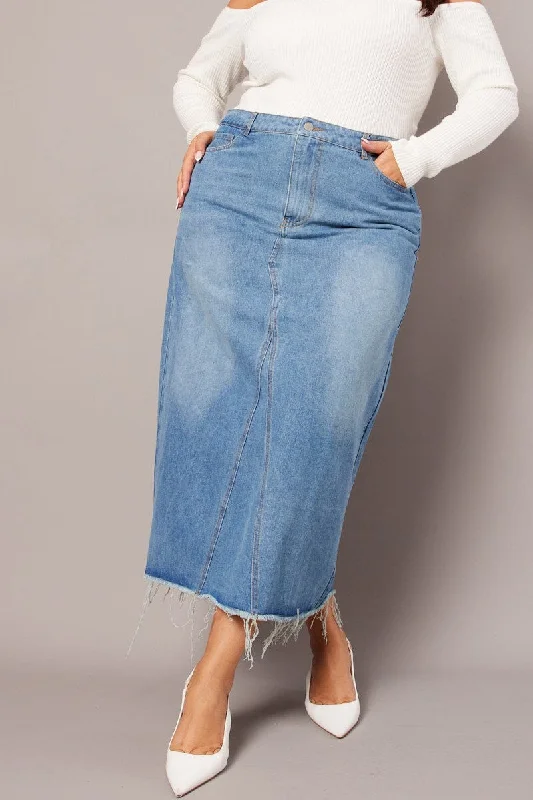 Denim Distressed Denim V Front Maxi Skirt