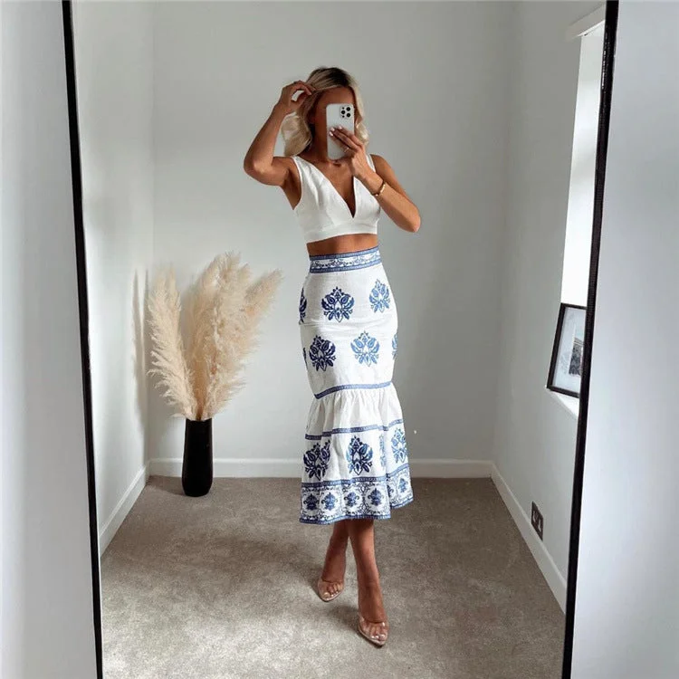 Fashion Ethnic Style High Waist Slim Blue And White Porcelain Printed Midi A-line Skirt Women