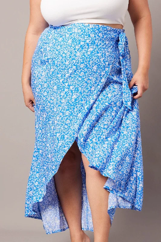 Blue Ditsy Wrapover Maxi Skirt