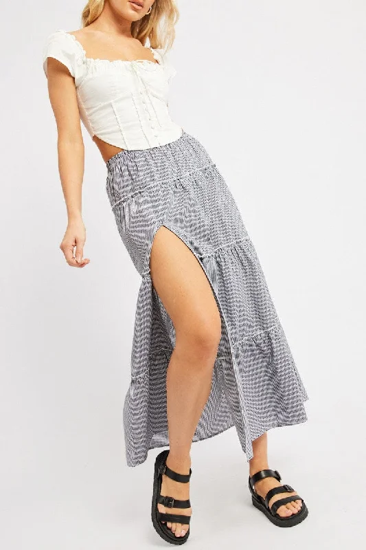 Black Check Tiered Maxi Slit Skirt