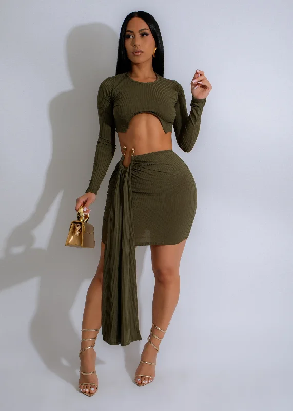 Deep In Love Ribbed Skirt Set Green